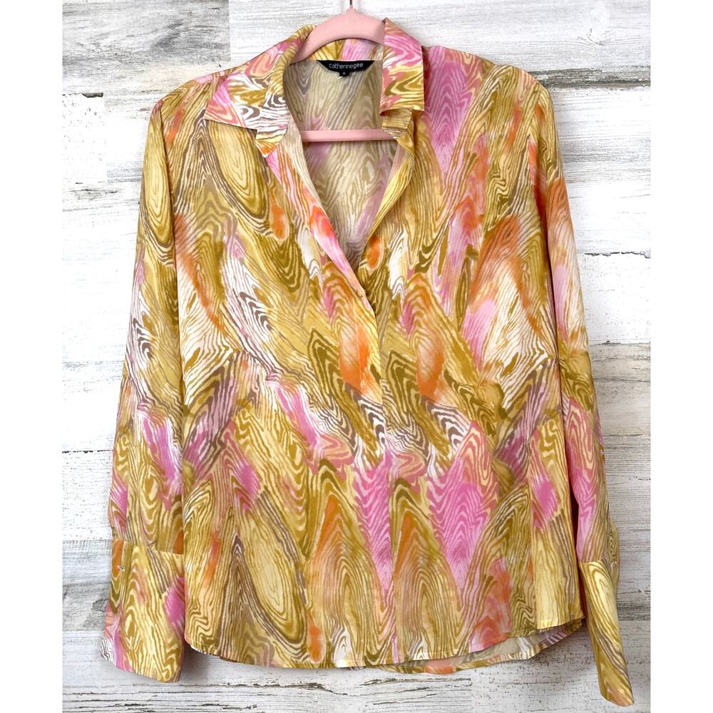 Catherine Gee Womens S Multi Watercolor 100 Silk French Cuff Designer Blouse NEW